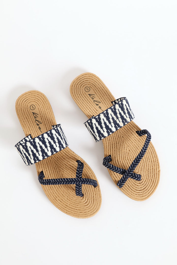 Aztec Print Toe Post Sandal - Navy/White