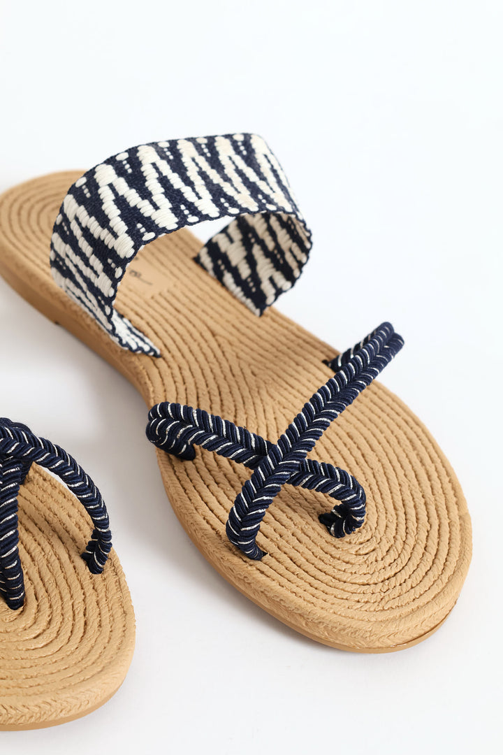 Aztec Print Toe Post Sandal - Navy/White
