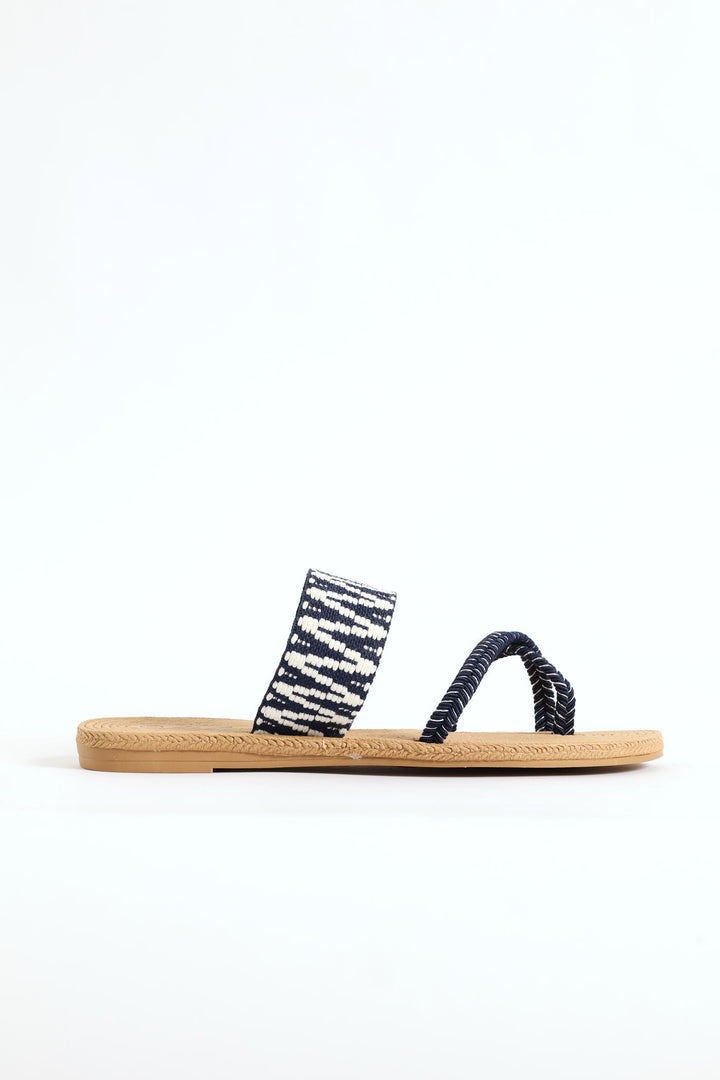Aztec Print Toe Post Sandal - Navy/White