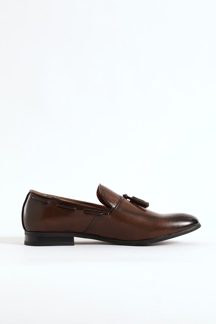 Lazer Punched Detail Tassel Loafer - Brown