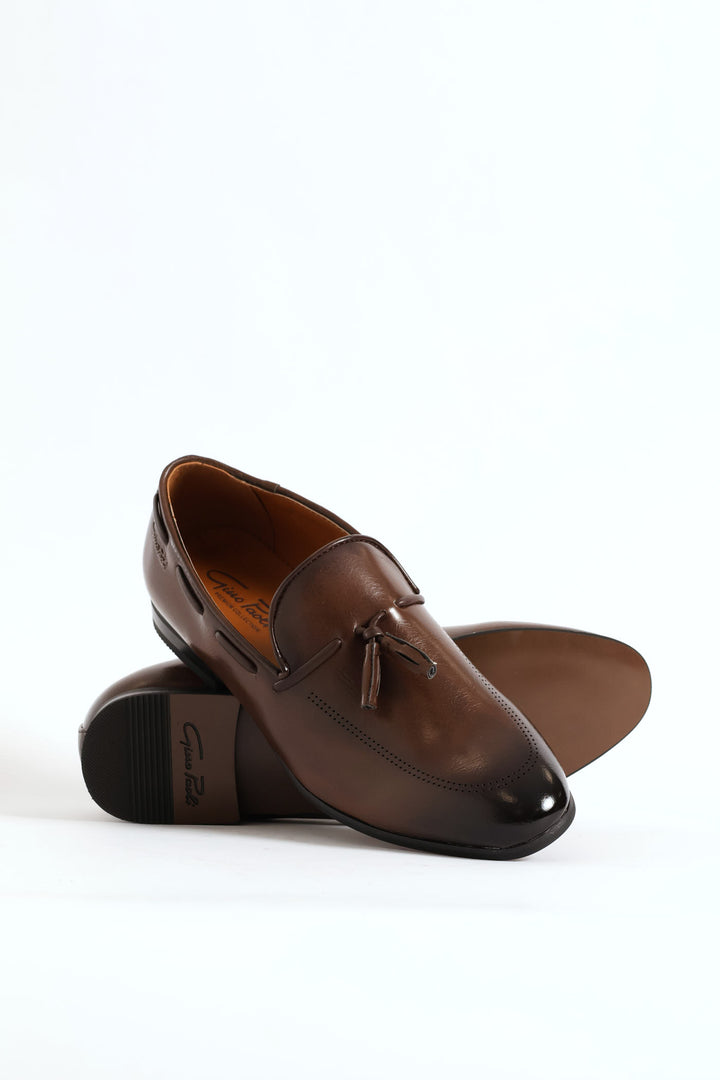 Lazer Punched Detail Tassel Loafer - Brown