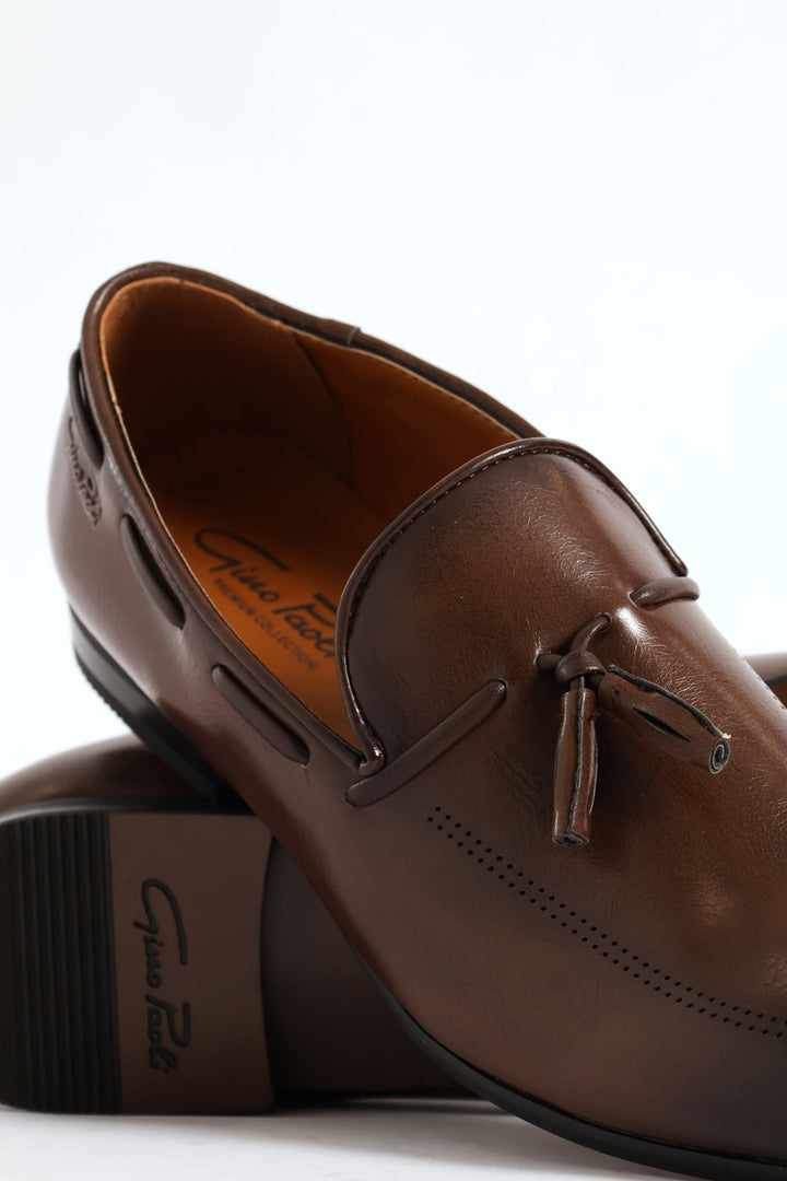 Lazer Punched Detail Tassel Loafer - Brown