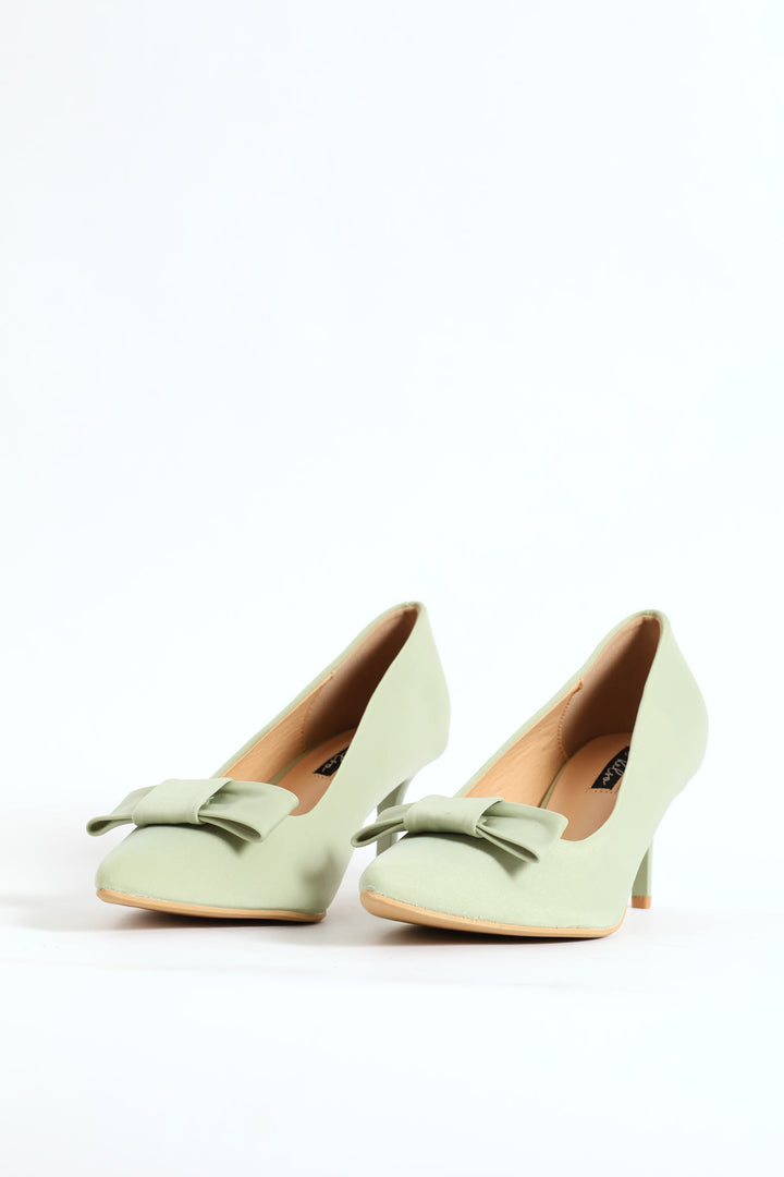 Thin Bow Trim Pointy Kitten Court Heel - Sage