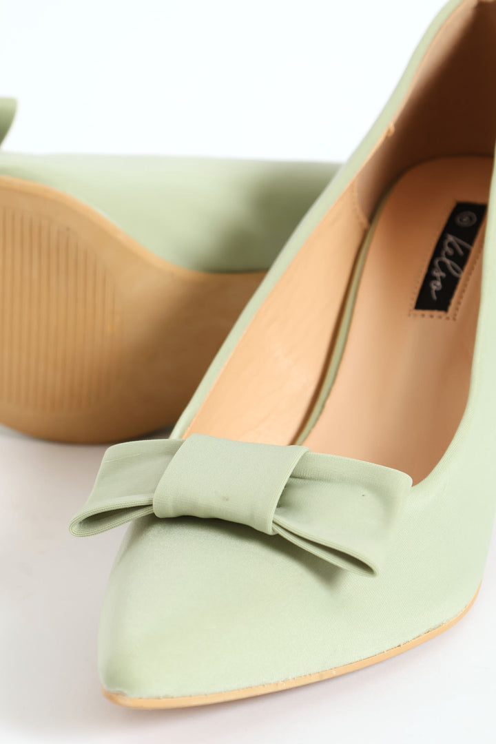 Thin Bow Trim Pointy Kitten Court Heel - Sage