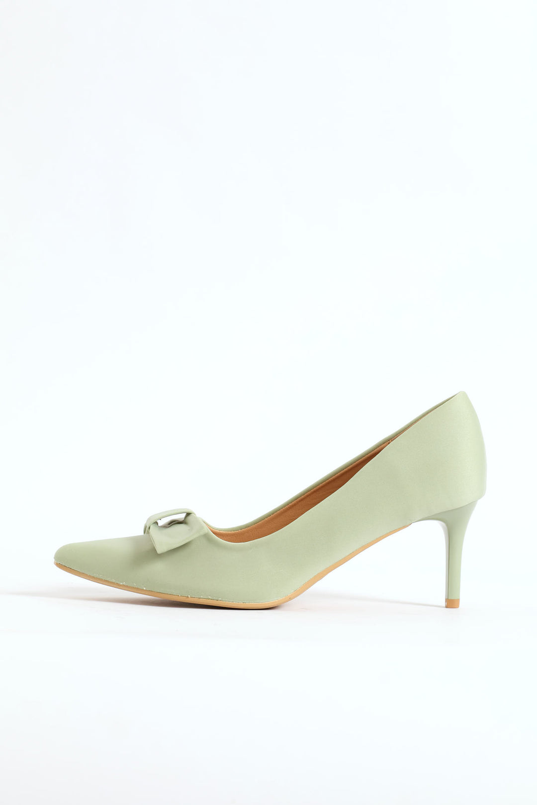 Thin Bow Trim Pointy Kitten Court Heel - Sage