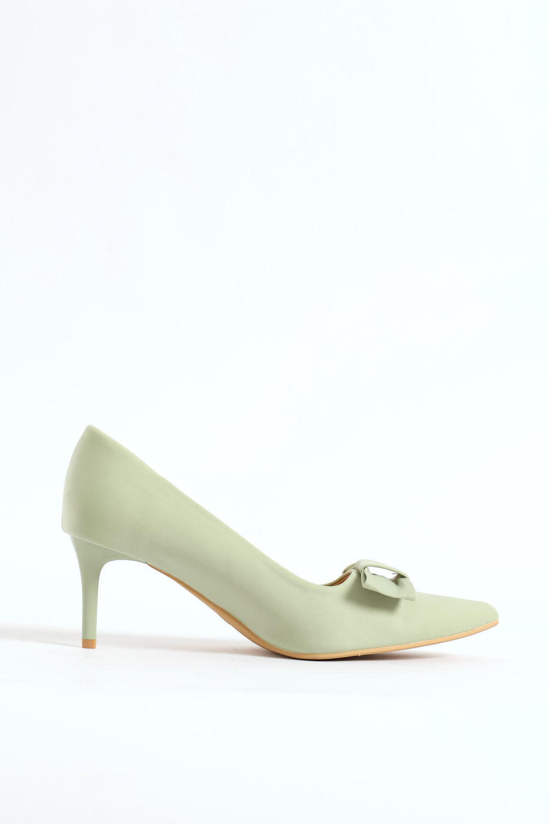 Thin Bow Trim Pointy Kitten Court Heel - Sage