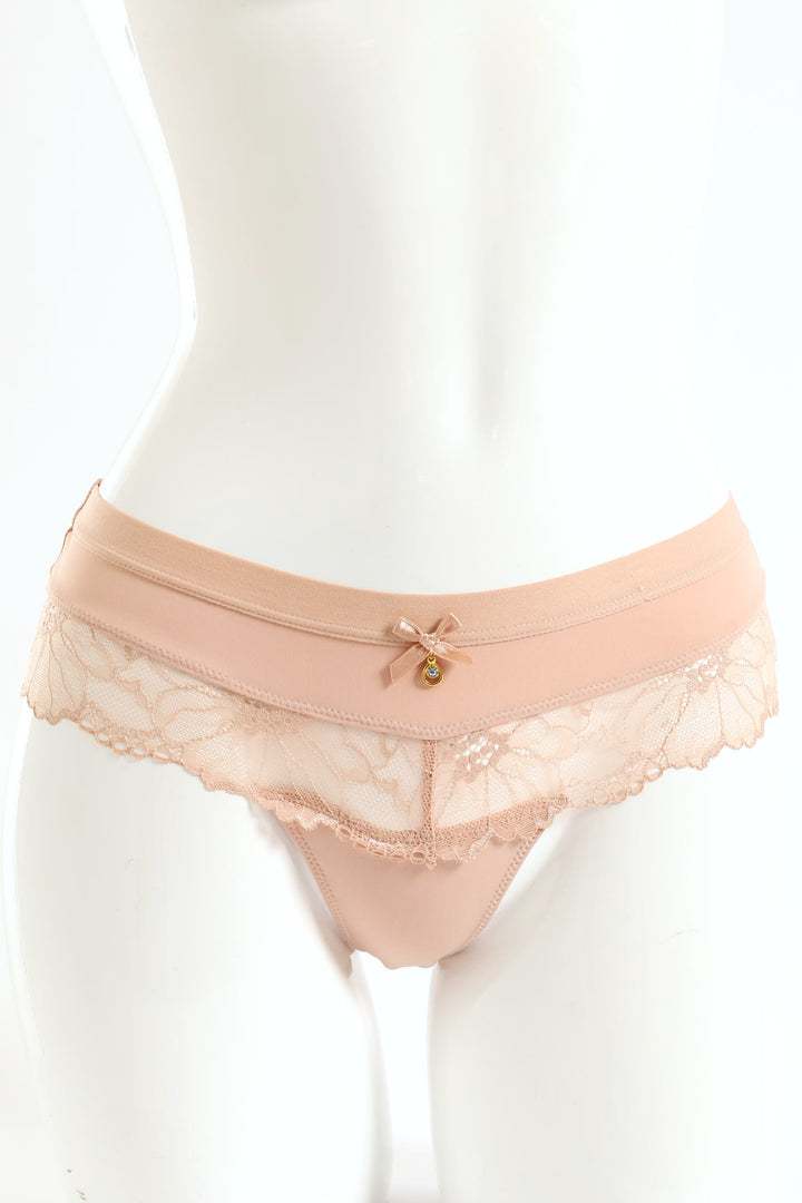 Microfibre & Lace Inset Thong Panty - Nude