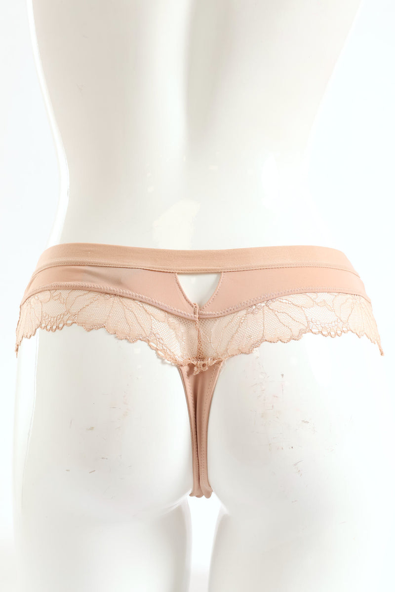 Microfibre & Lace Inset Thong Panty - Nude