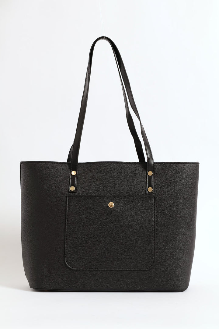 Front Pocket Gold Trim Shopper - Black