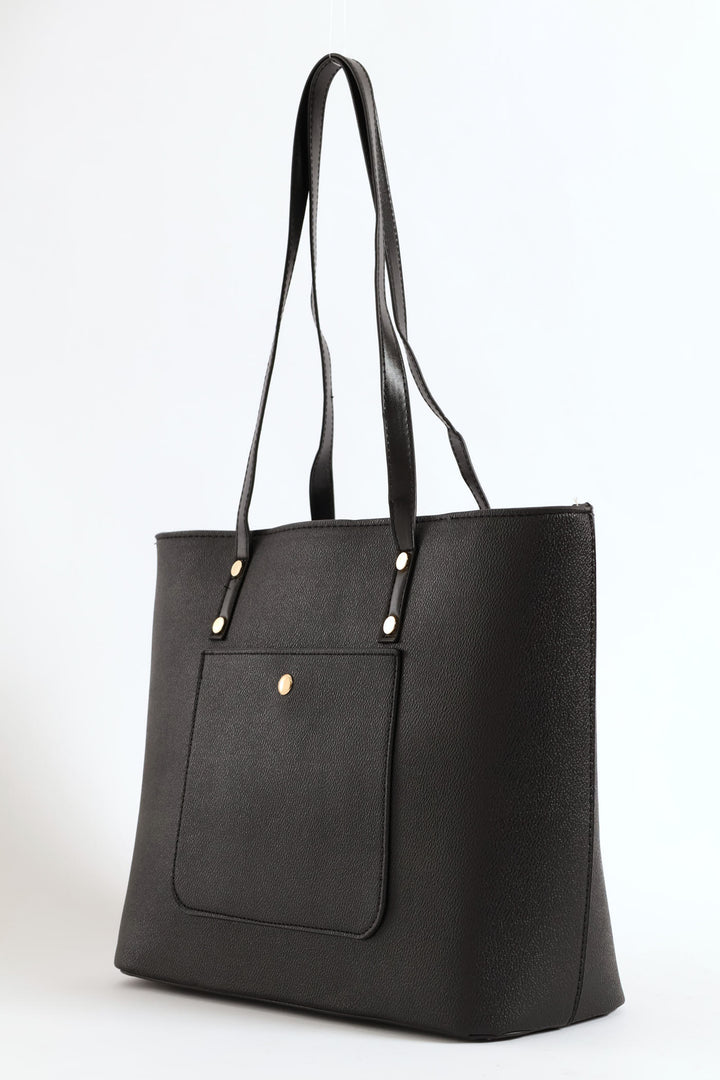 Front Pocket Gold Trim Shopper - Black