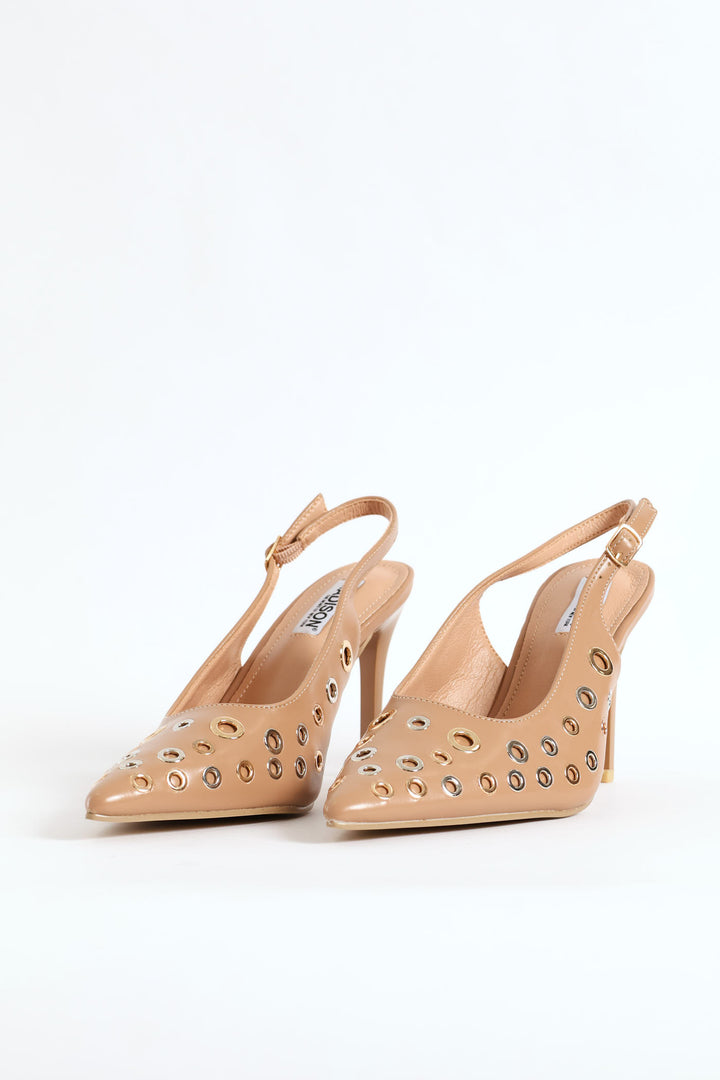 Slingback Eyelet Mule Heel - Nude