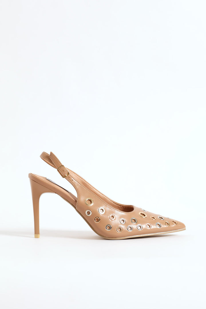 Slingback Eyelet Mule Heel - Nude