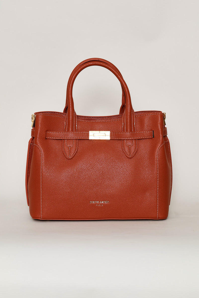 Belted Satchel Bag With Inner Compartment - Burnt Orange