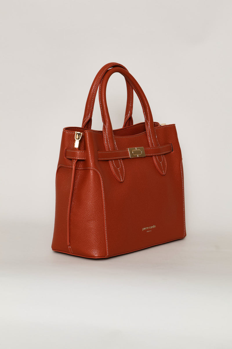 Belted Satchel Bag With Inner Compartment - Burnt Orange