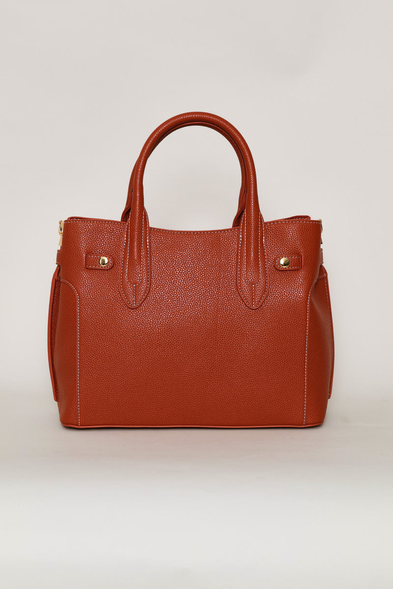 Belted Satchel Bag With Inner Compartment - Burnt Orange