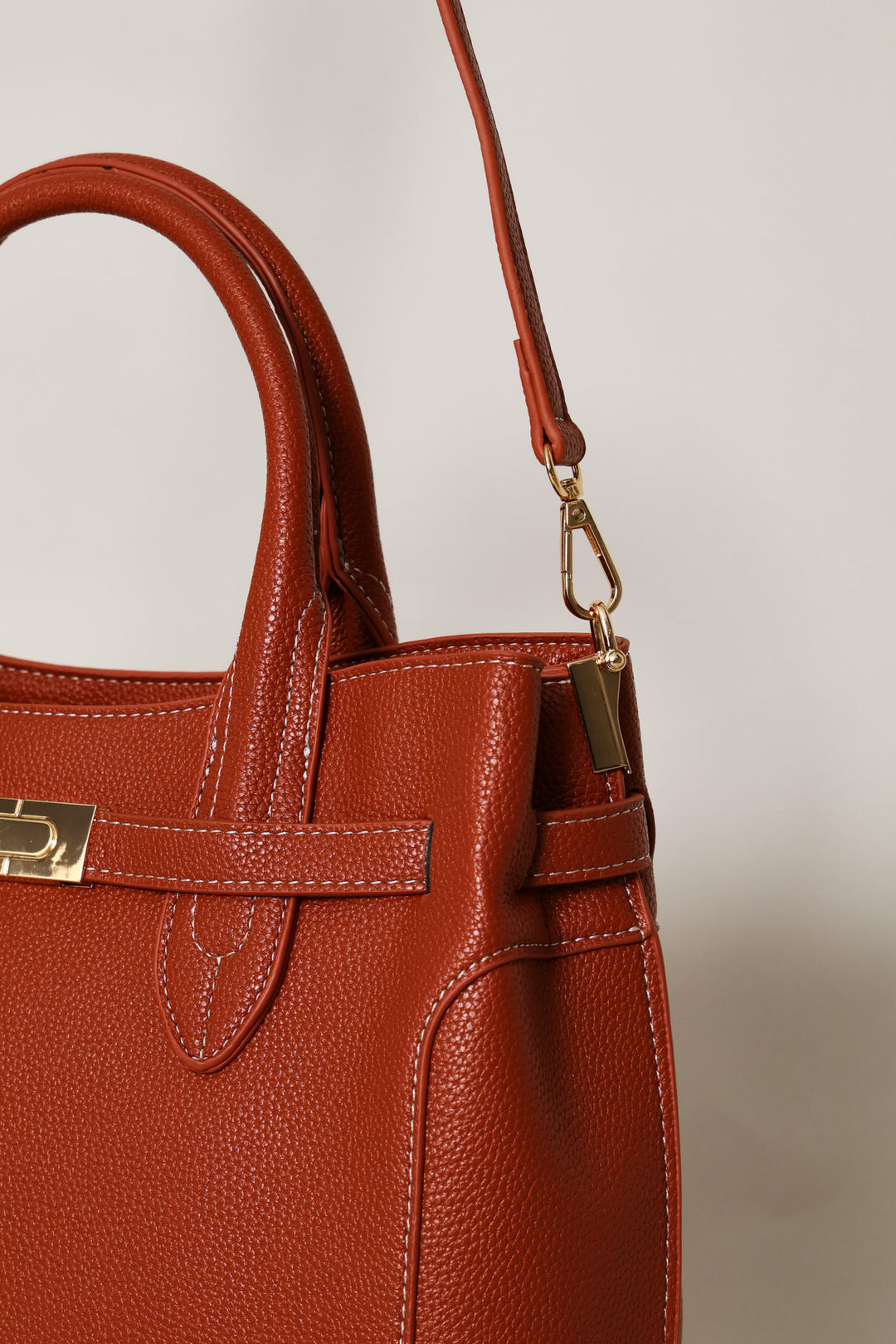 Belted Satchel Bag With Inner Compartment - Burnt Orange