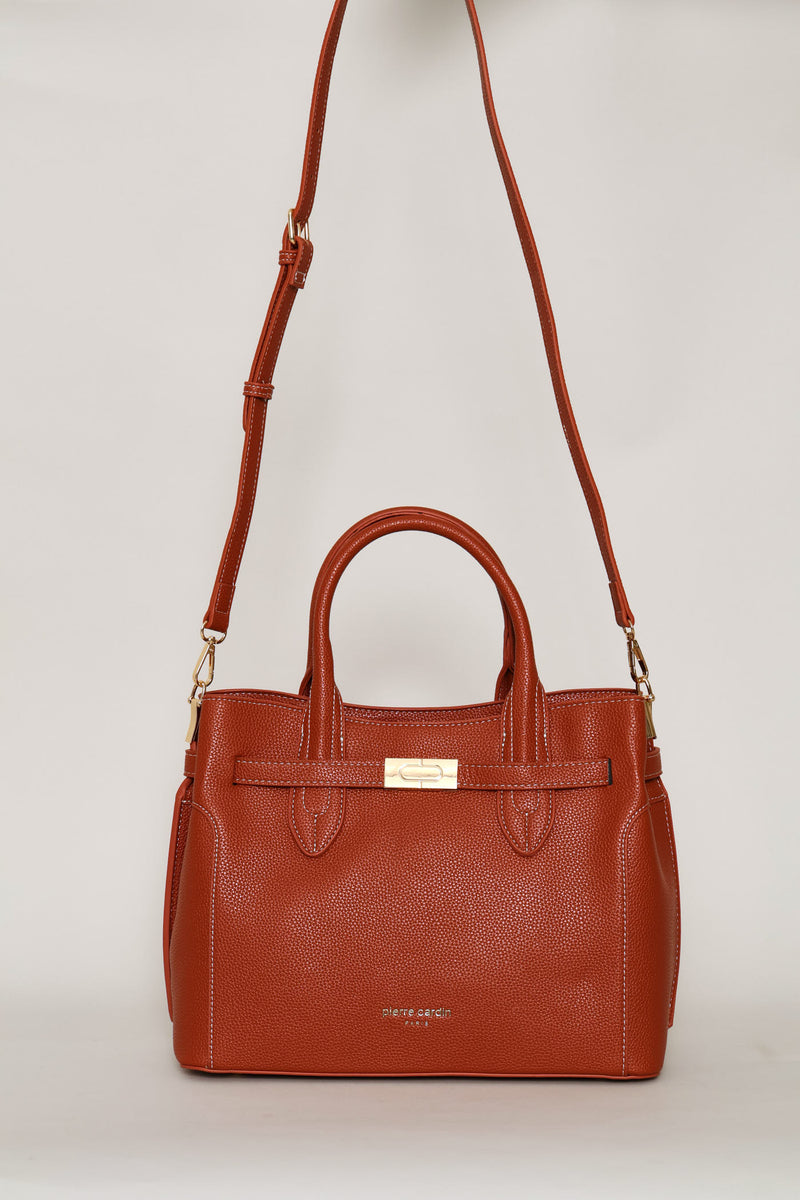 Belted Satchel Bag With Inner Compartment - Burnt Orange