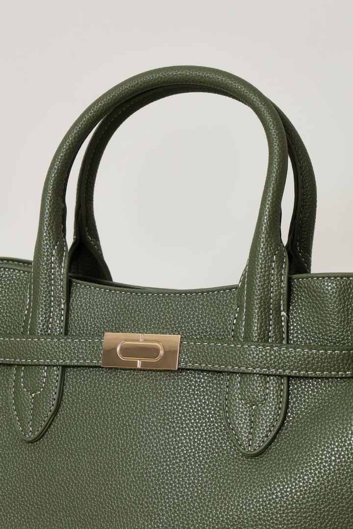 Belted Satchel Bag With Inner Compartment - Olive