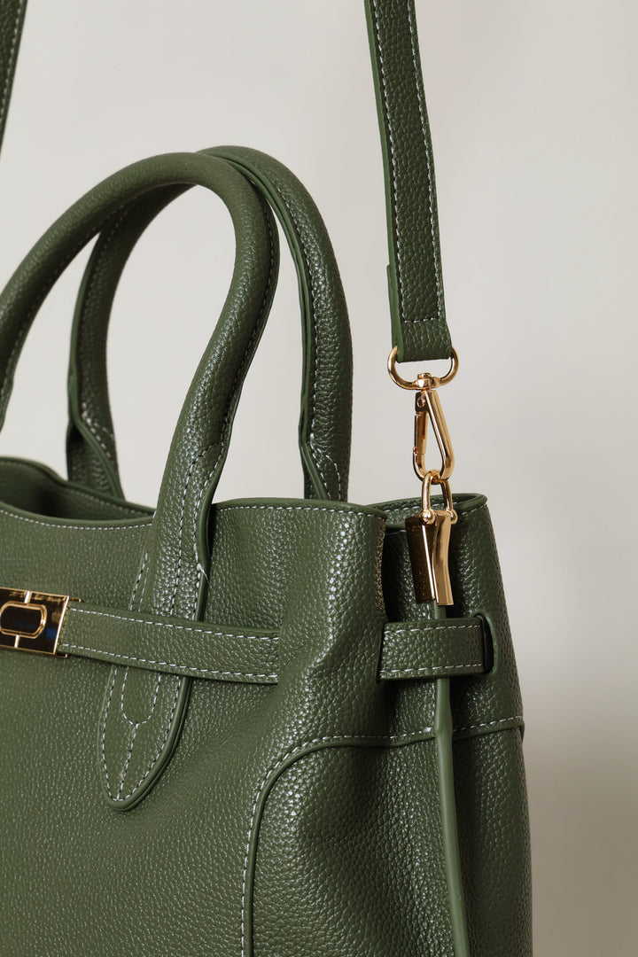 Belted Satchel Bag With Inner Compartment - Olive