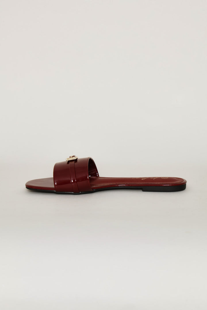 Long Buckle Trim Mule Sandal - Burgundy