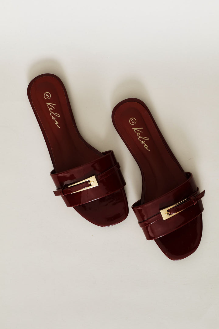 Long Buckle Trim Mule Sandal - Burgundy