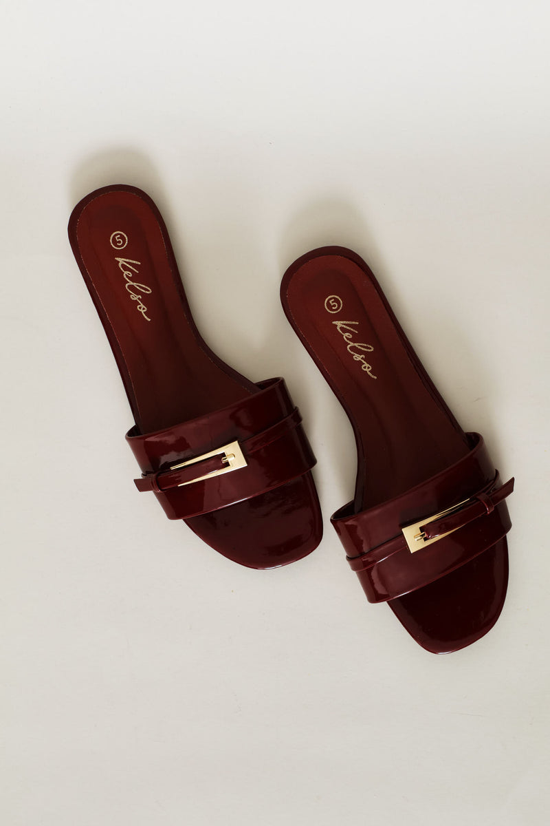 Long Buckle Trim Mule Sandal - Burgundy