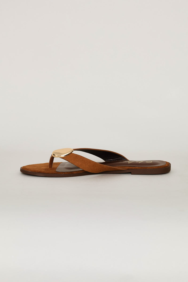 Gold Trim Wide Strap Thong Sandal - Tan