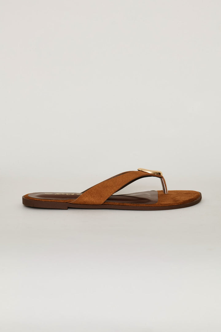 Gold Trim Wide Strap Thong Sandal - Tan
