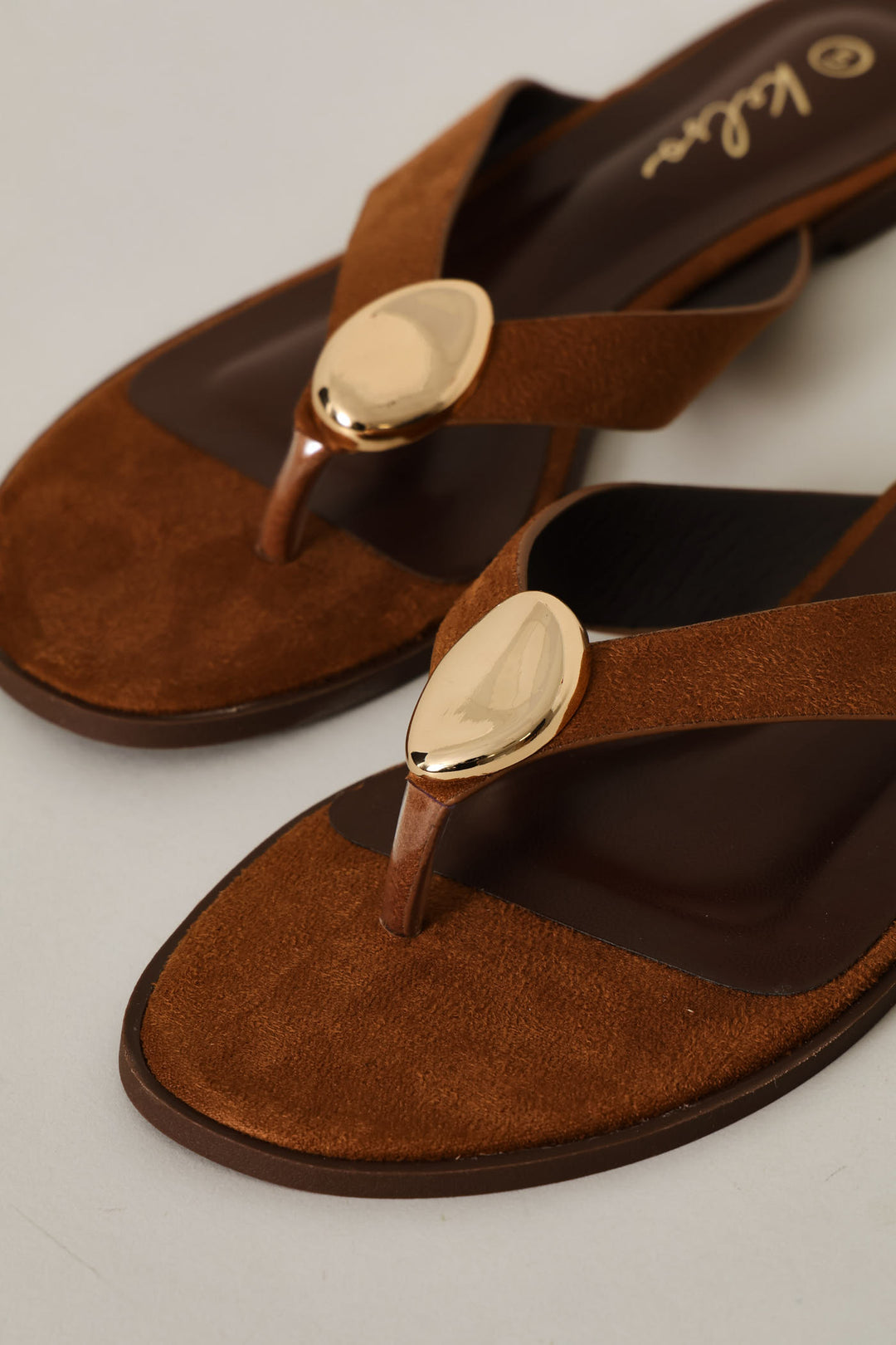 Gold Trim Wide Strap Thong Sandal - Tan