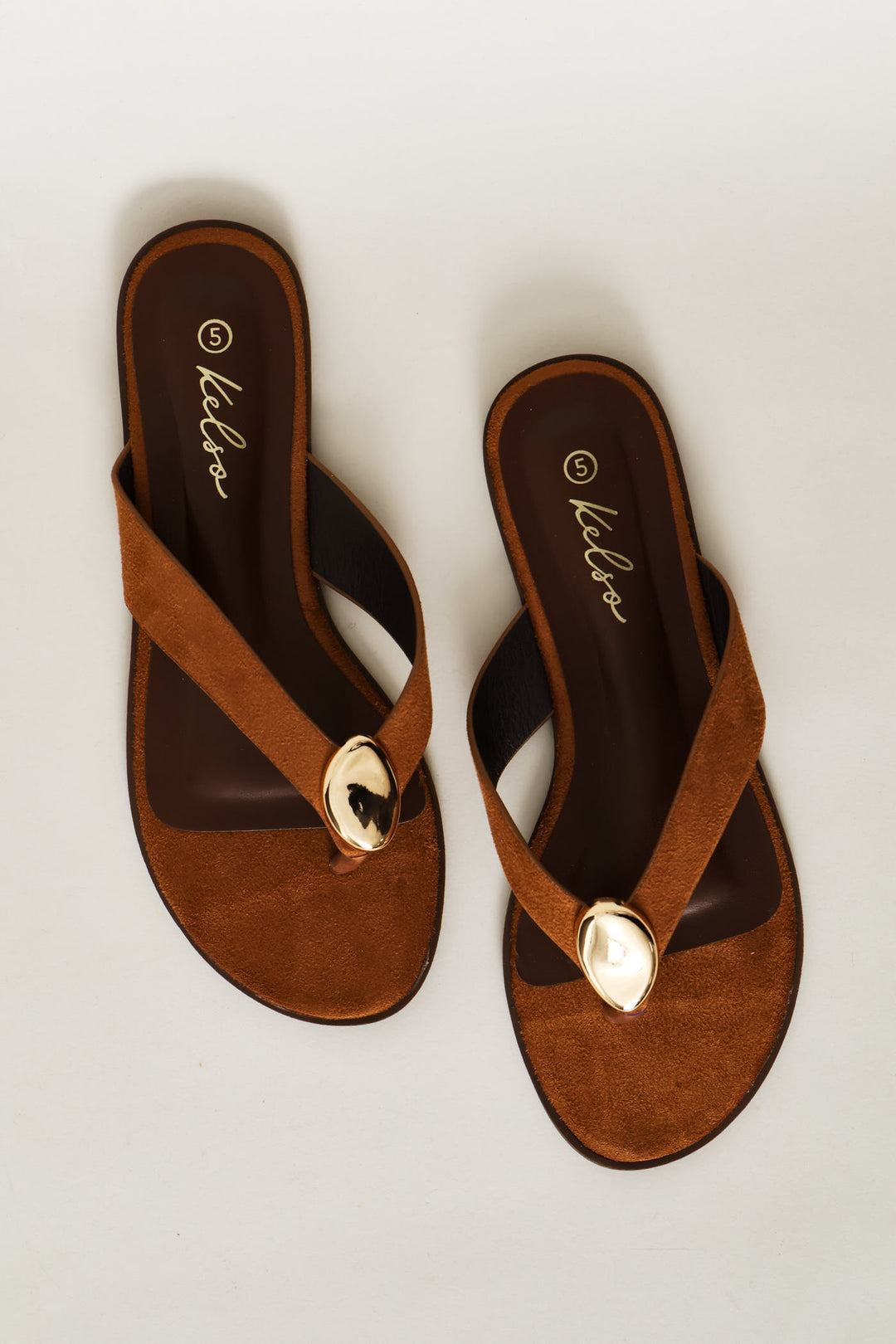 Gold Trim Wide Strap Thong Sandal - Tan