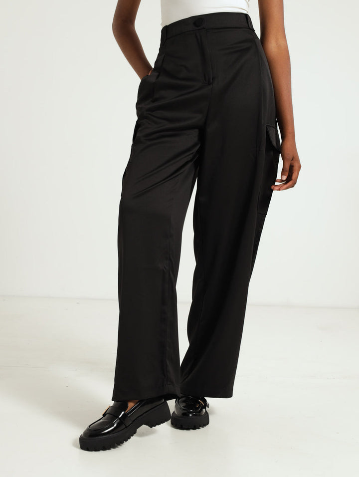 Satin Cargo Pants - Black