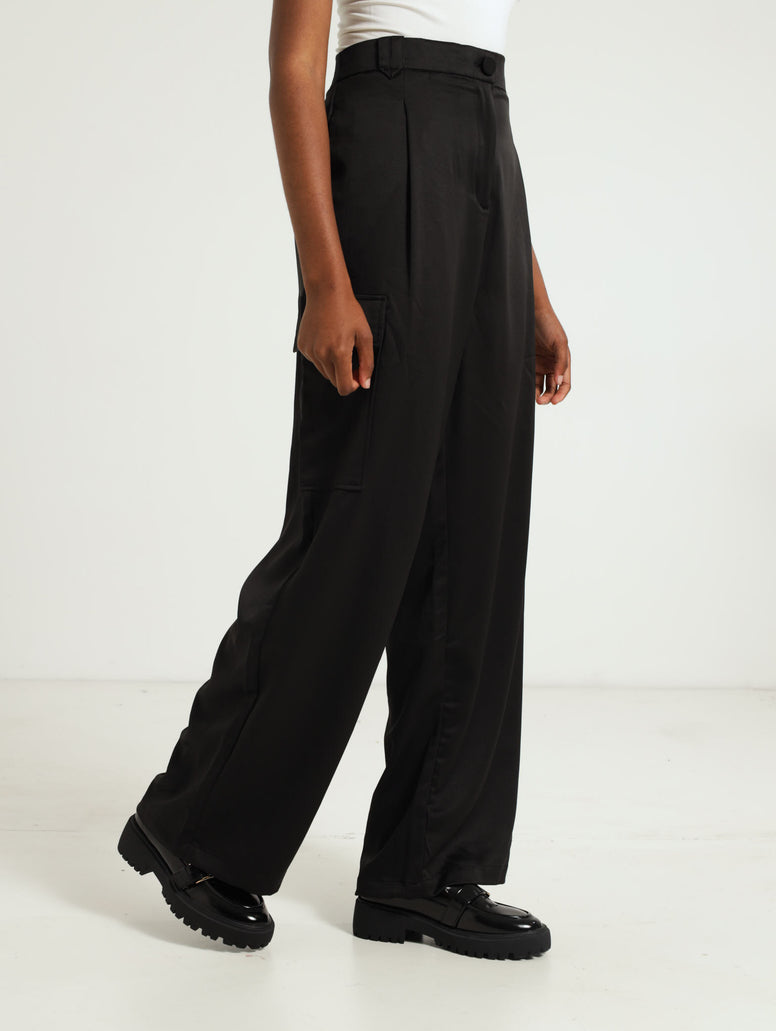 Satin Cargo Pants - Black