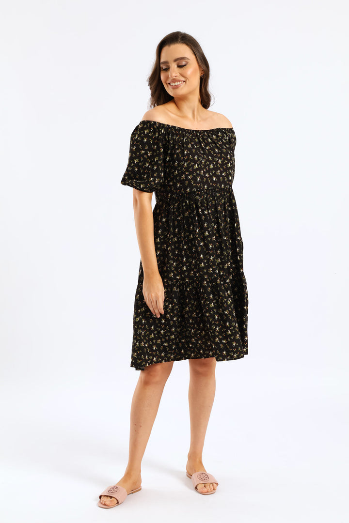 Tiered Print Gypsy Mini Dress - Black