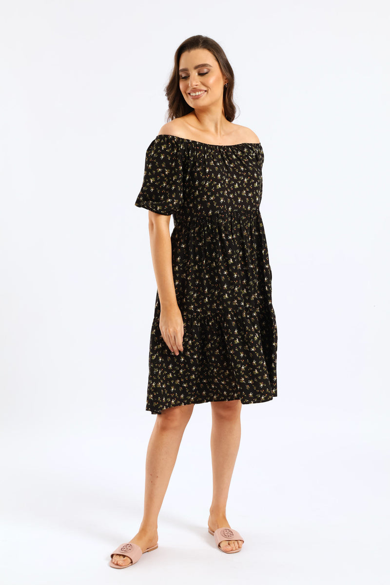Tiered Print Gypsy Mini Dress - Black