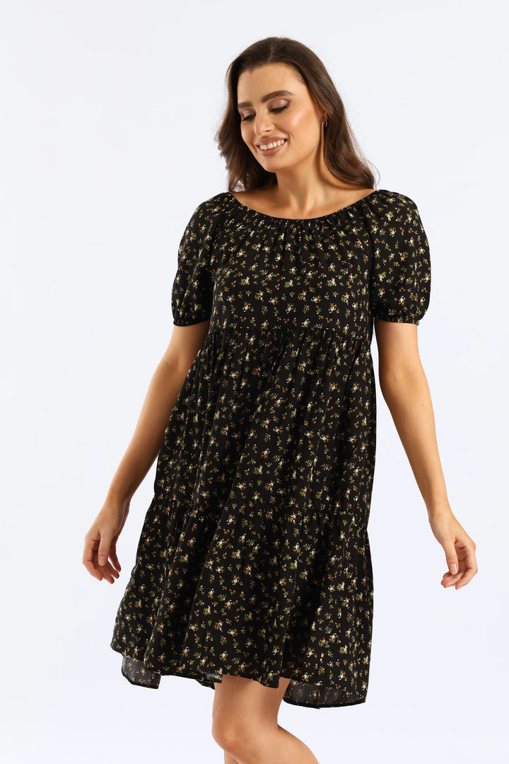 Tiered Print Gypsy Mini Dress - Black