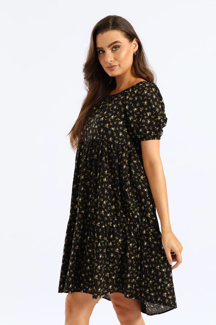 Tiered Print Gypsy Mini Dress - Black