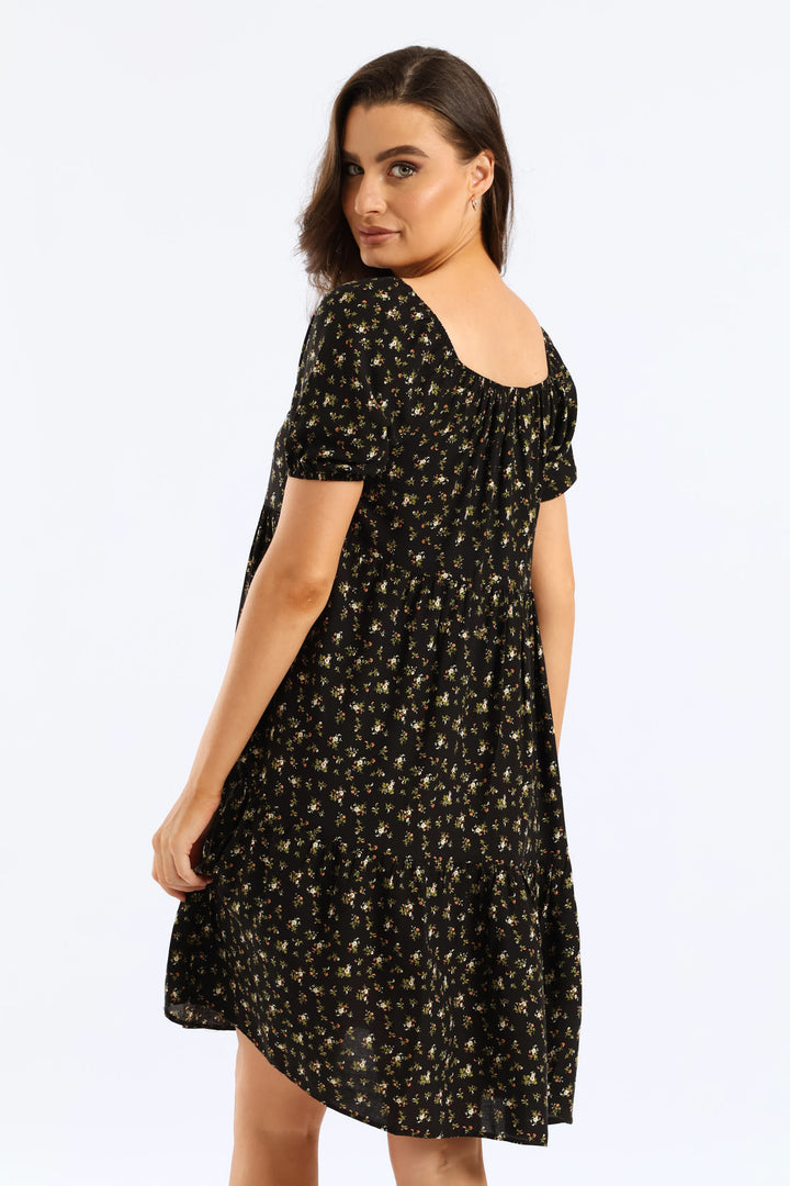 Tiered Print Gypsy Mini Dress - Black