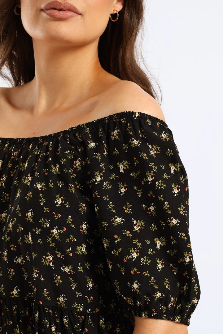 Tiered Print Gypsy Mini Dress - Black