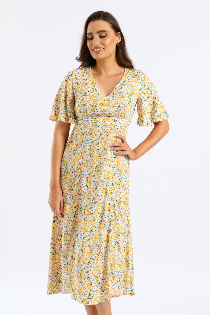V-Neck Flutter Sleeve Midi Dress - Pastel Yellow