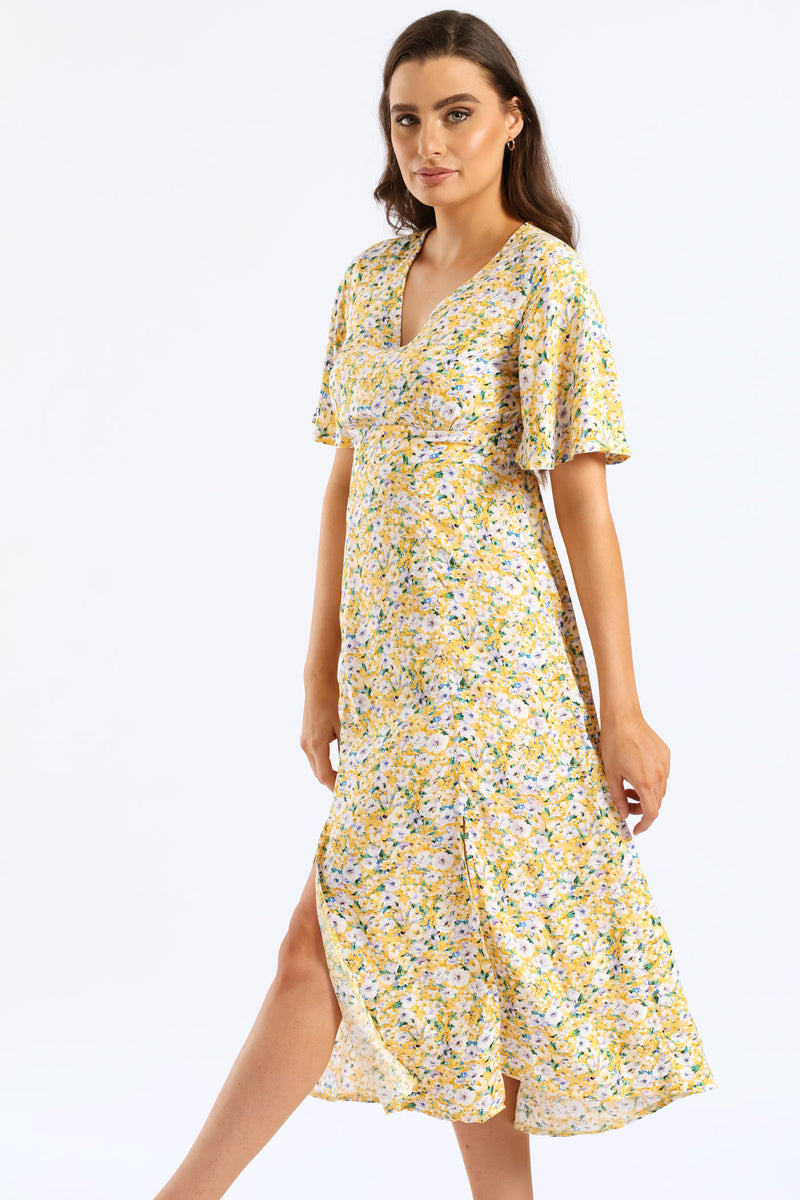 V-Neck Flutter Sleeve Midi Dress - Pastel Yellow