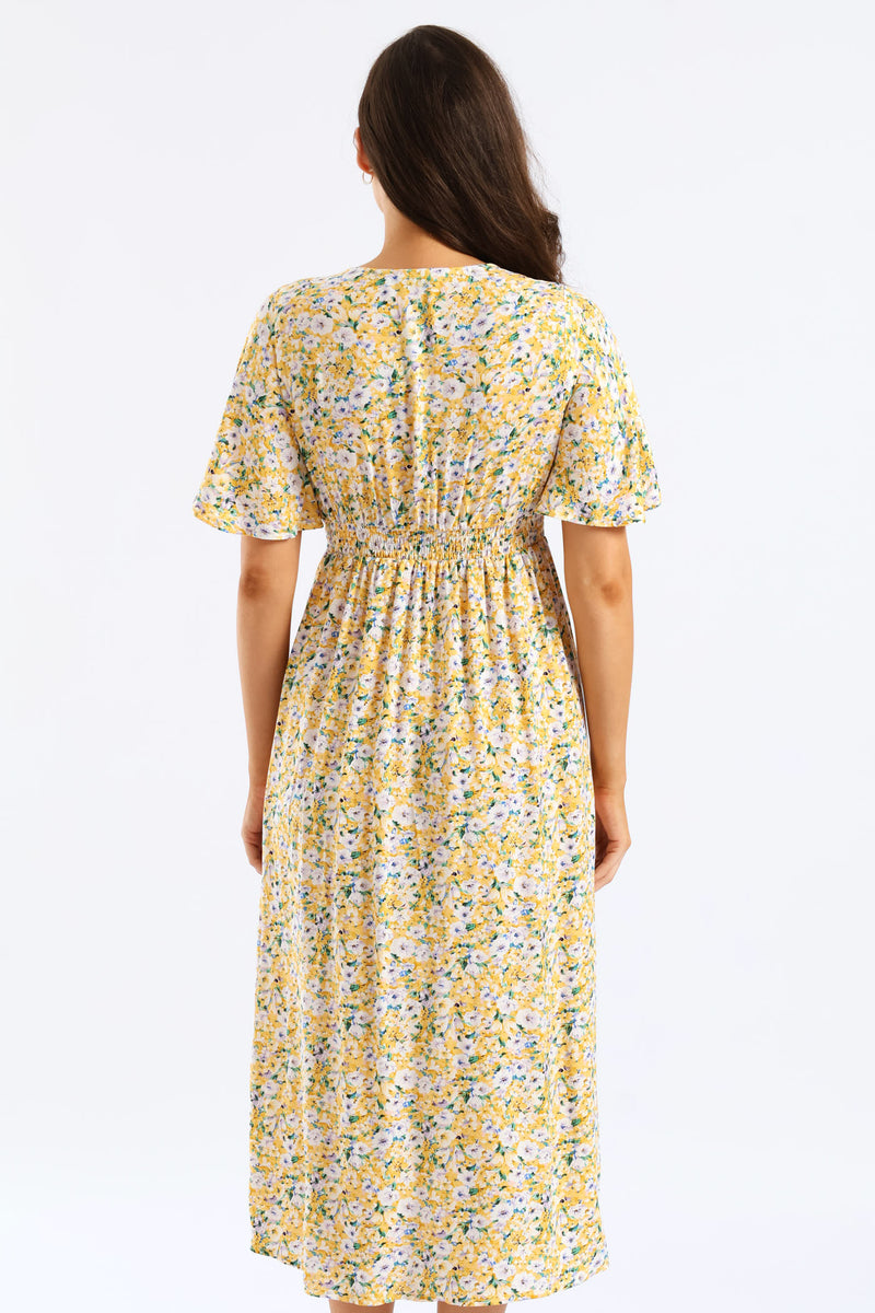 V-Neck Flutter Sleeve Midi Dress - Pastel Yellow