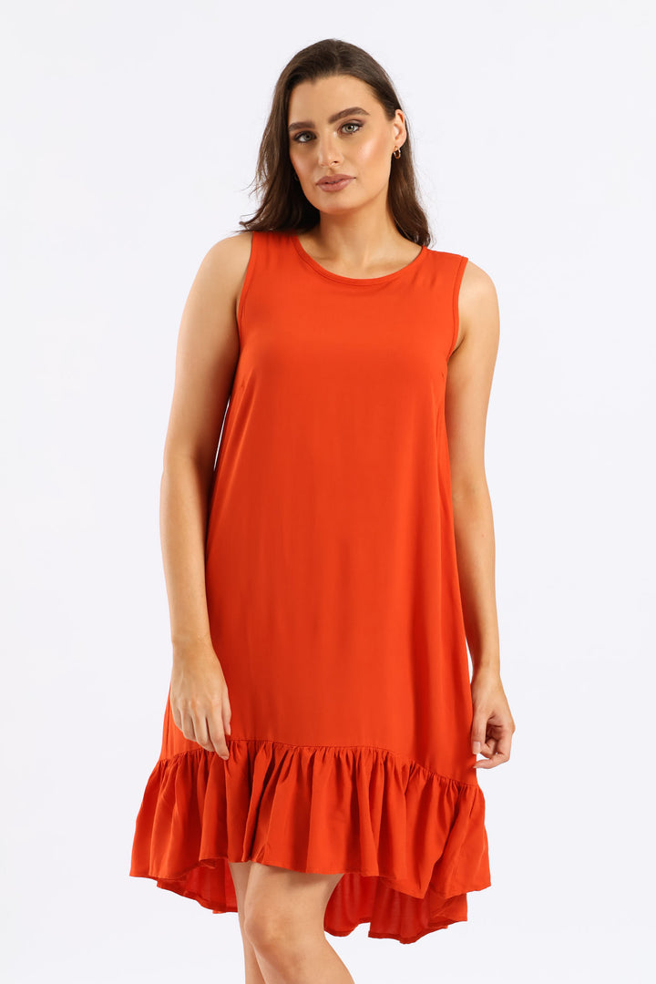 Frill Hem Hi-Lo Shift Mini Dress - Burnt Orange