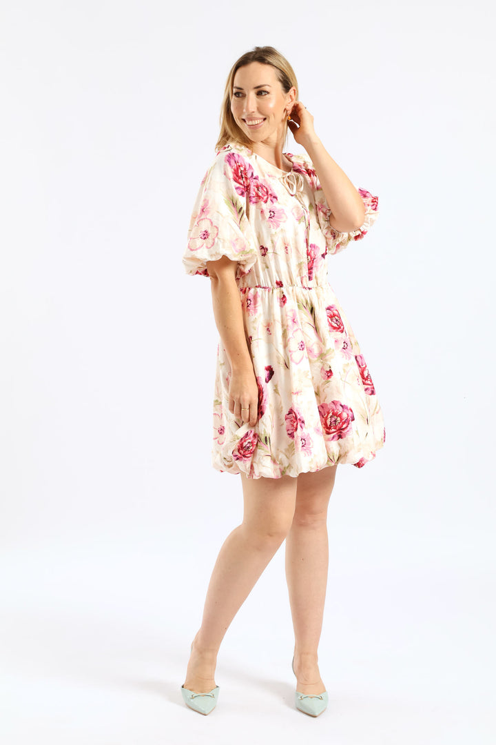 Bubble Sleeve & Hem Tie-Neck Mini Dress - Beige/Pink