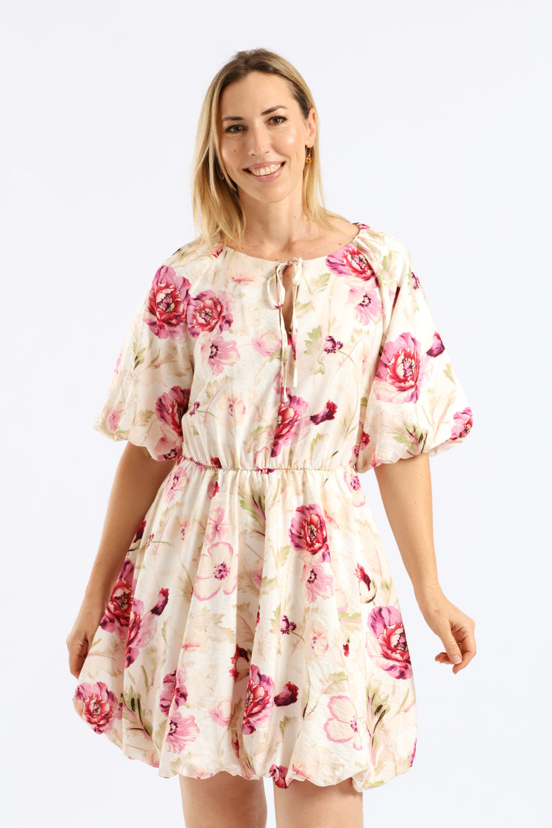 Bubble Sleeve & Hem Tie-Neck Mini Dress - Beige/Pink