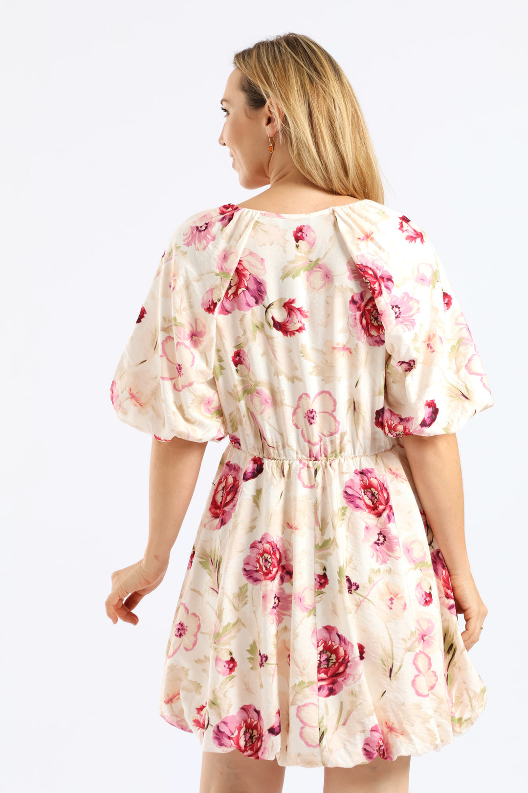 Bubble Sleeve & Hem Tie-Neck Mini Dress - Beige/Pink