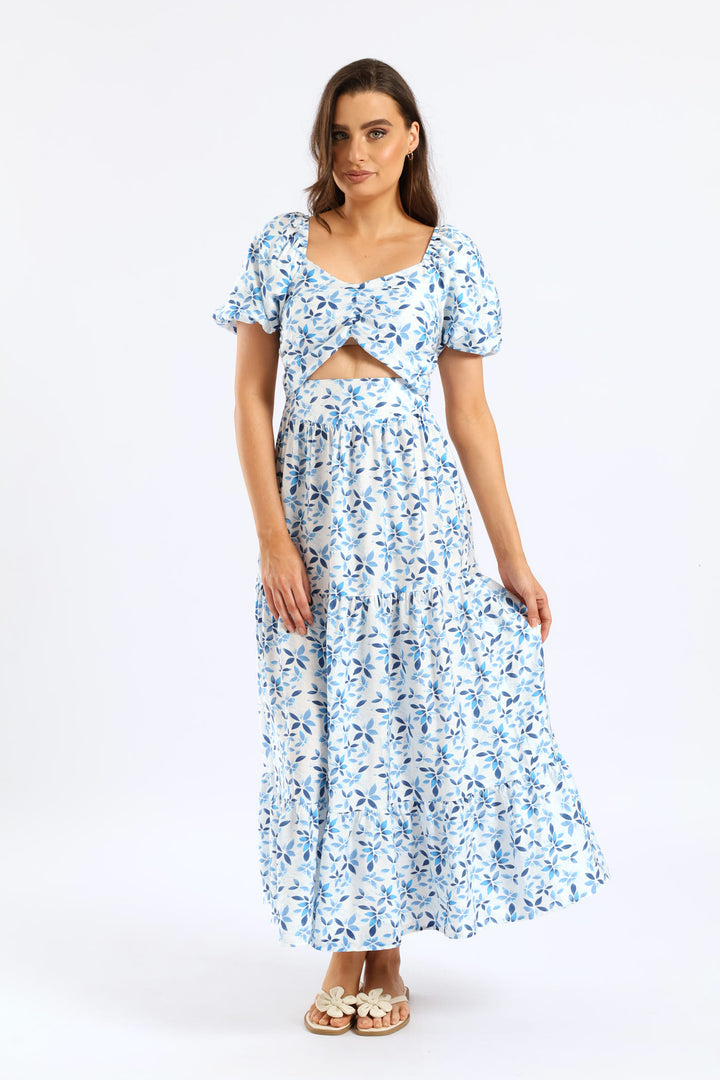 Bubble Sleeve Cut-Out Tiered Maxi Dress - White/Blue