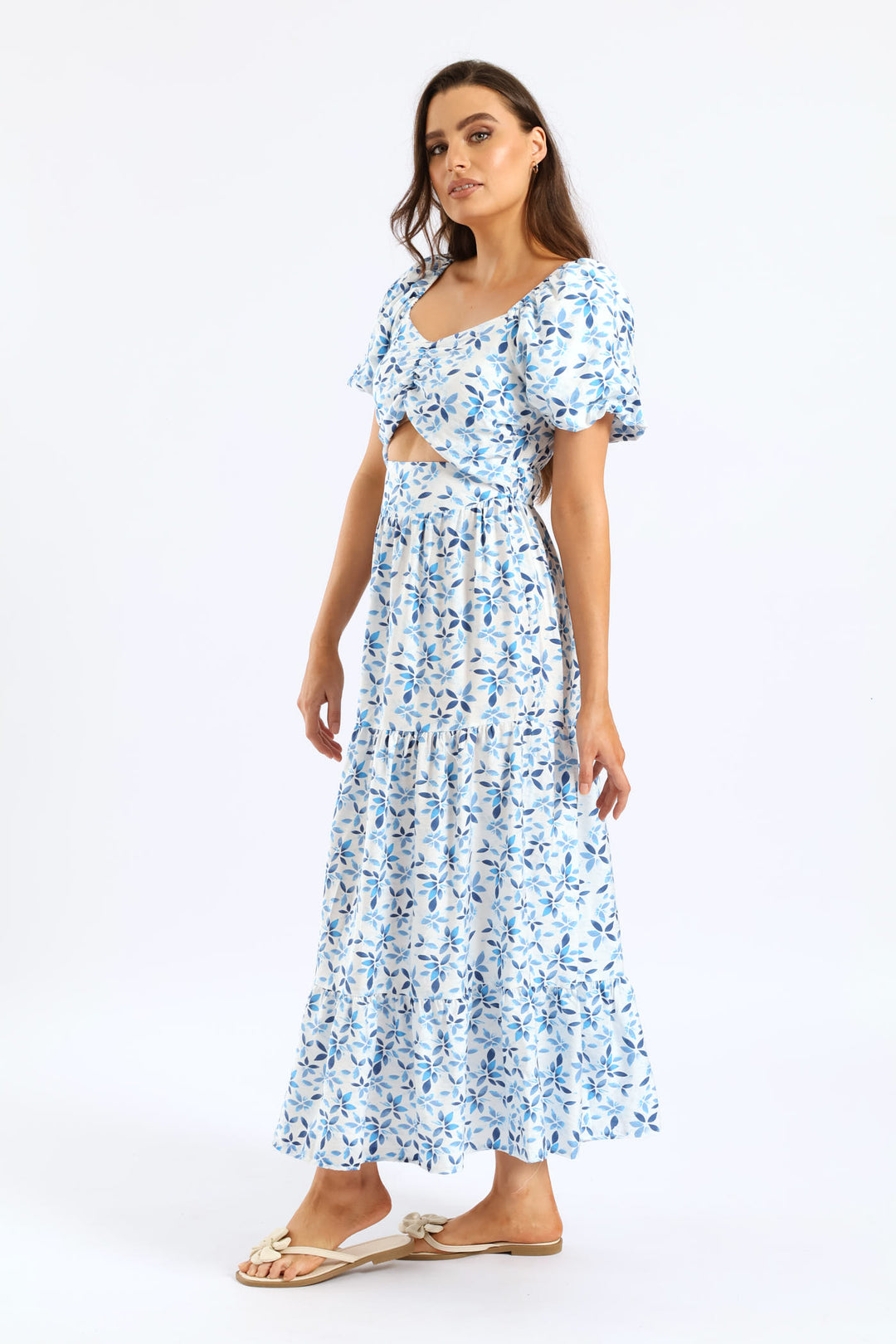 Bubble Sleeve Cut-Out Tiered Maxi Dress - White/Blue