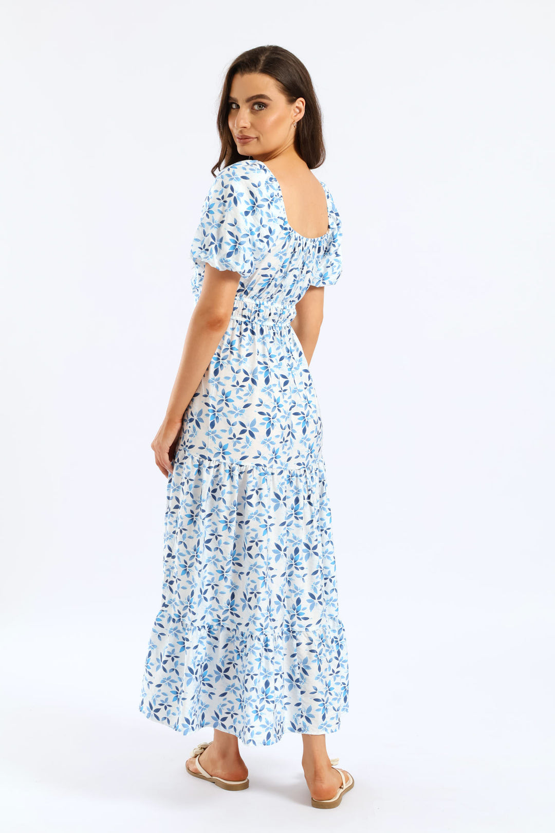Bubble Sleeve Cut-Out Tiered Maxi Dress - White/Blue