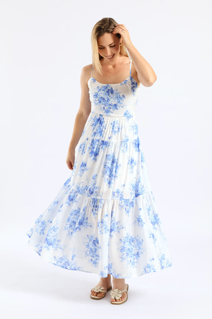 Strappy Peakaboo Back Tiered Maxi Dress - White/Blue