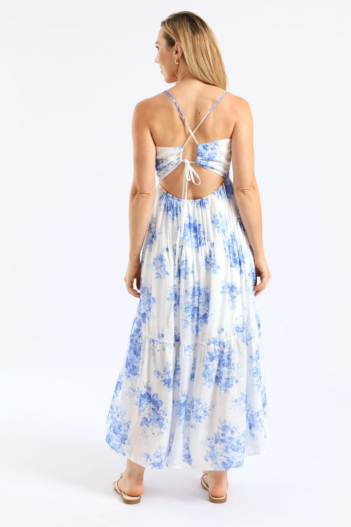 Strappy Peakaboo Back Tiered Maxi Dress - White/Blue